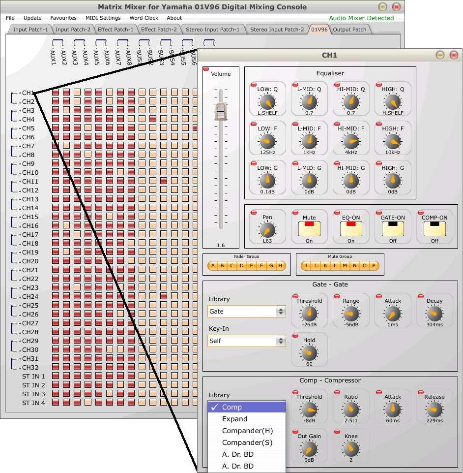 Figure 22: The Matrix Mixer Parameter Adjust window for CH1 Via this Parameter Adjust Window shown for the first input channel of the Yamaha 01V96 Digital Mixing Console, a sound engineer is able to:
