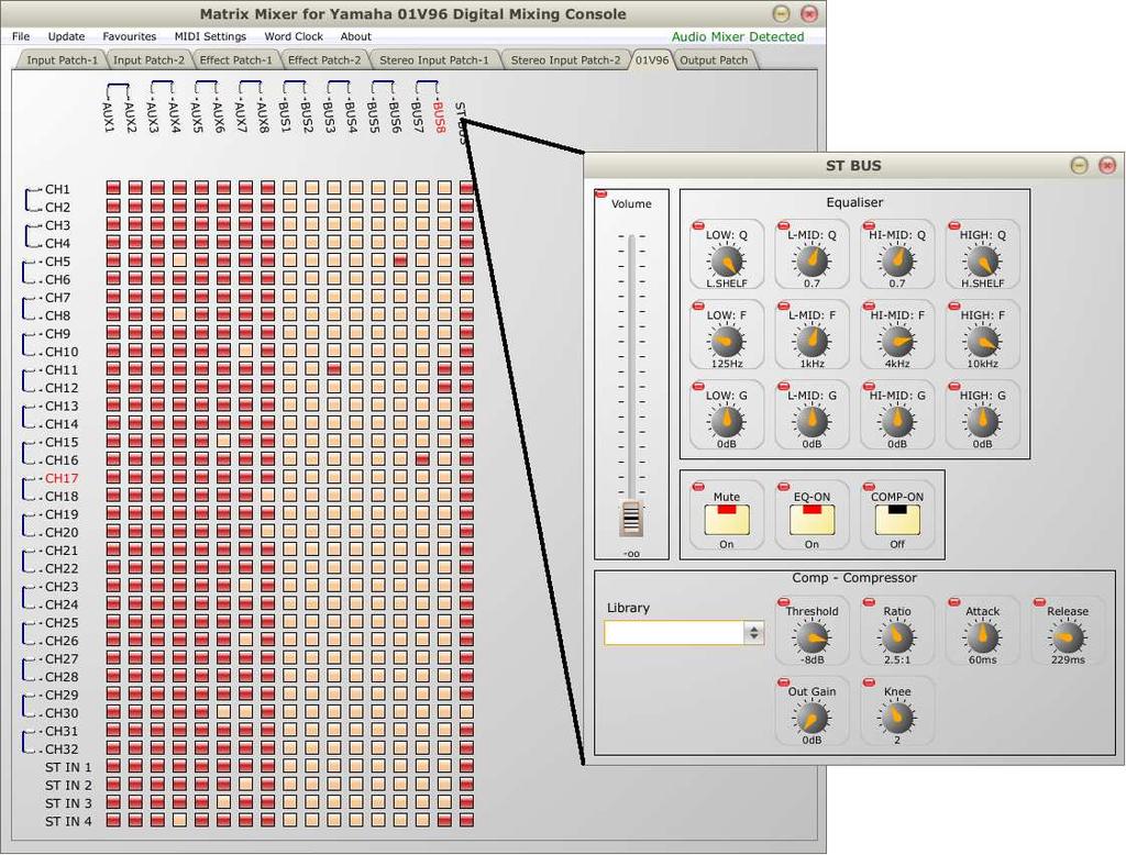Figure 24: The Matrix Mixer Parameter Adjust window for ST BUS With this specific Parameter Adjust Window, a sound engineer can adjust the same parameters as described for the first input channel,