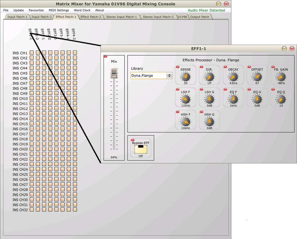 Figure 25: The Matrix Mixer Parameter Adjust window for EFF1-1 Via this Parameter Adjust Window, parameter settings pertaining to the selected effects processor may be adjusted: On the Yamaha 01V96