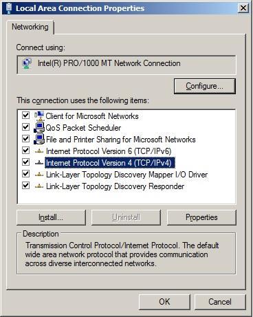 5. In the Properties window for the primary network adapter: select the "Internet Protocol Version 4(TCP/IPv4)" item and click Properties.