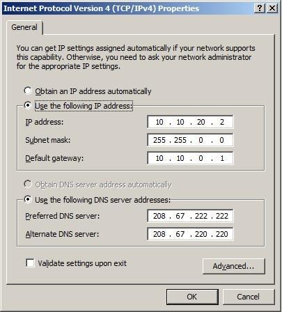 9. From the corresponding information in the command prompt window, fill in your IP address, Subnet mask, Default gateway, Preferred DNS server, and Alternate DNS Server boxes.