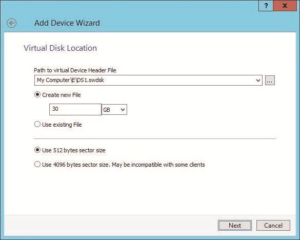 9. Specify a Virtual disk location and its size. Alternatively, use the existing virtual disk.