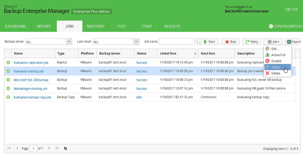 Cloning and Editing Jobs Veeam Backup Enterprise Manager lets you clone jobs configured on Veeam backup servers.