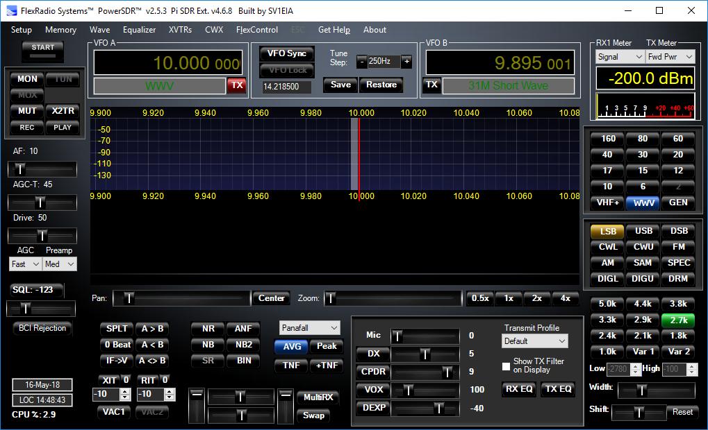 Congratulations, PowerSDR v2.5.3 with Pi SDR Extensions v4.6.8 application is launched.
