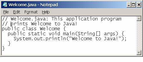 Figure 1.6 You can use Notepad to create and edit Java source files. 1.5 Compiling and Running Java Programs To compile the source code, use the javac command.
