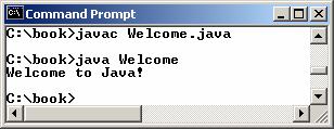 7 shows a sample run. Figure 1.7 Use the javac command to compile and java to programs. 1.6 Common Errors 1. I tried to run the program from the DOS prompt, but got java.lang.