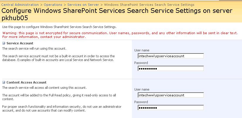e. Enter Database server and Database name for Windows SharePoint Services Search.