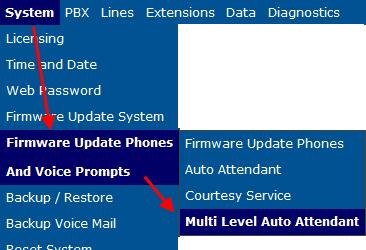 Multi-Level AA Menu Greeting Import For the Multi-level Auto Attendant option it is possible to import a custom recorded greeting for a single node Access via System >