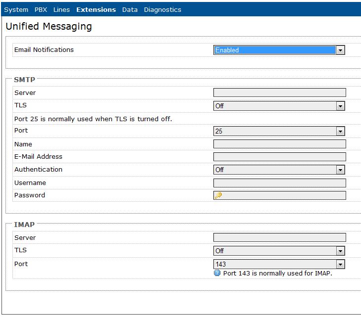 Configuring Unified Messaging The Unified Messaging screen is split between SMTP and IMAP settings, configure mail settings as required for either of the protocols Email Notifications enabled by