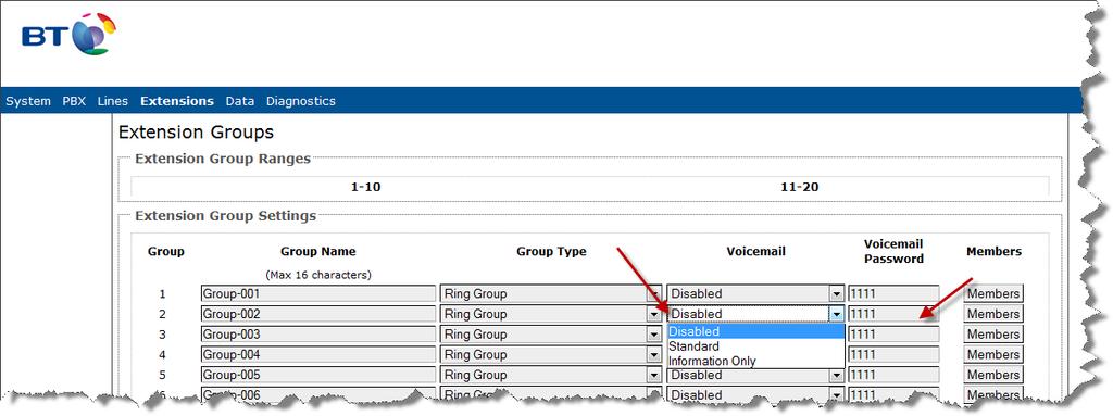 Configuring Group Voicemail First navigate to the Extension Groups screen