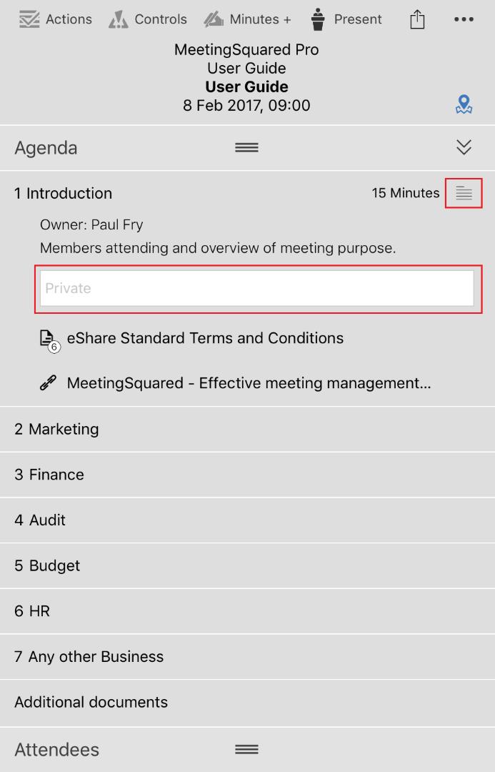To makes notes on an agenda item, tap icon next to the agenda item (highlighted in red below) button towards the right of an agenda item. A text box will appear where the note can be entered.