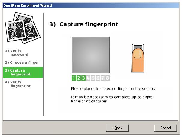 Figure 5 - Enroll Wizard: Capture Fingerprint The Capture Fingerprint screen is where you enroll a fingerprint in OmniPass.