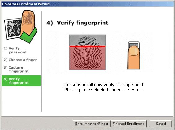 Figure 6 - Verify Fingerprint The Verify Fingerprint screen is the last step of the Enroll Wizard. At this point you will place your finger on the sensor again.