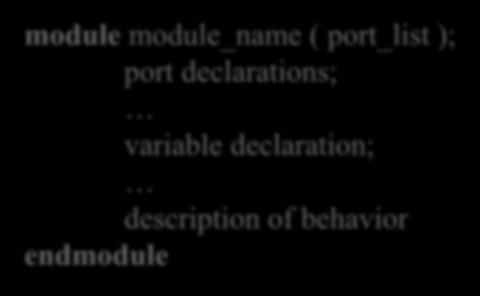 Module Basic Unit of Verilog is: MODULE Describes the functionality of the design States the input and output ports module adder_4bit