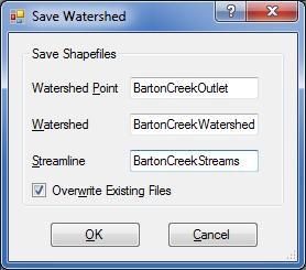 Figure 7 Setting watershed filenames 3. Click on Barton Creek near its outlet. It doesn t have to be exact, but try to click near where the green dot is in Figure 6.