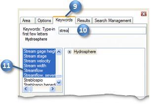 Figure 12 Choosing a keyword to search When you click Streamflow, the keyword list automatically jumps to the term Discharge, stream.