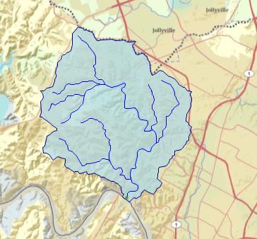 1. On the Home tab, use the Map Tools to pan and zoom to the Bull Creek area as in Figure 22. 2. Activate the Delineate tool. 3. Specify these filenames: a. Watershed Point: BullCreekOutlet b.