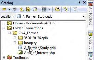 Part 1: Setup and preparing data layers for processing 1. Start ArcMap. 2. Add the following layers to your Table of Contents: A_Farmer\Imagery\ortho_1 1_1n_S_mr067_2010_1.sid A_Farmer\3526 30 36.