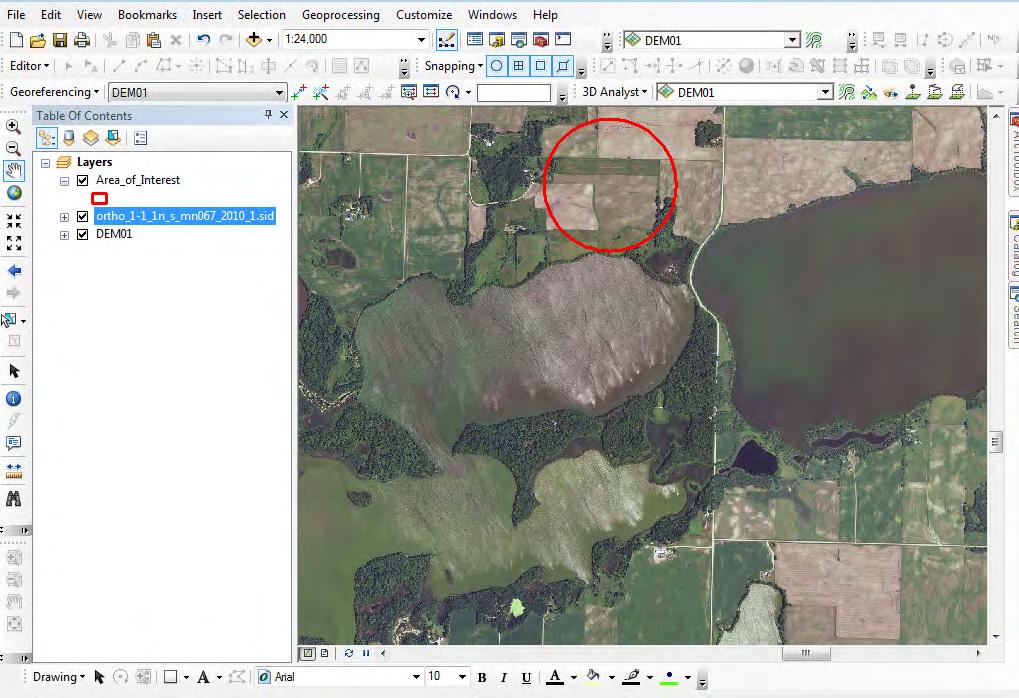 Your ArcMap should appear as below: The field area we will be exploring is included in the circle.