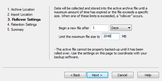14 This page configures the conditions that trigger creation of a new datastore file. Datastore files are rolled over based on a time or size policy (whichever is reached first).