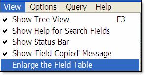 Fact Search continued (Enlarge) Enlarge the Field Table: The Enlarge feature enables complex queries using multiple fields from the Database.