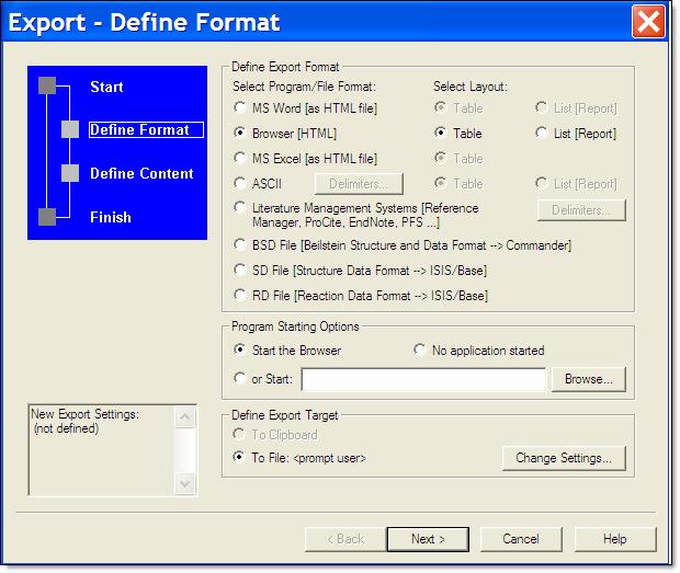 5.2.2 Prepare an export setting Selecting New or Edit from the previous dialog box will start the Export wizard so that you can define the format and content of your new export file.