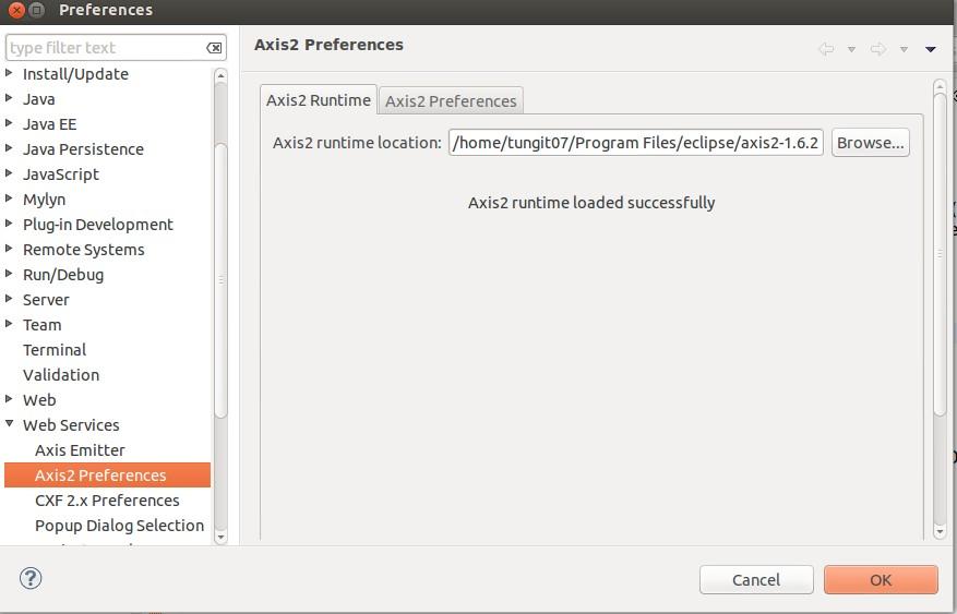 Choose Web Services => Axis2 Preferences => Fill the