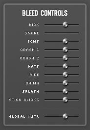 BLEED CONTROLS: For each channel, the bleed of various kit pieces into the microphone channel can be adjusted.