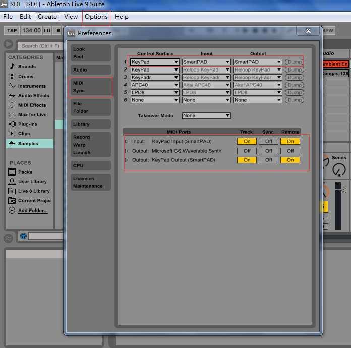 Under MIDI ports, turn all available Track and Remote settings On.