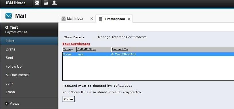Configuring ID Vault and inotes The Notes ID info button will display details of