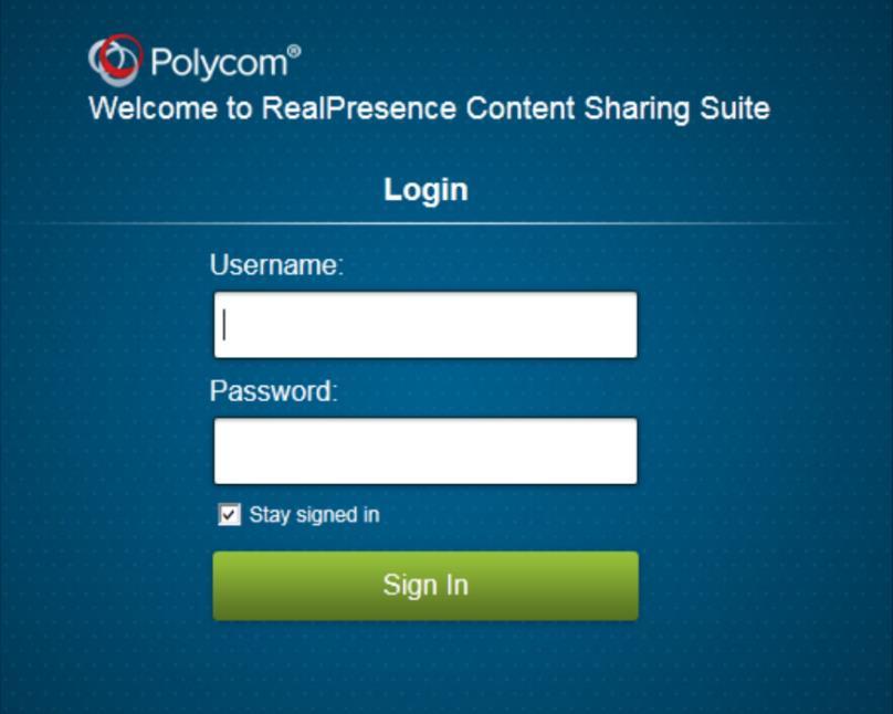 Polycom RealPresence Content Sharing Suite Quick User Guide A login screen displays, as shown next.