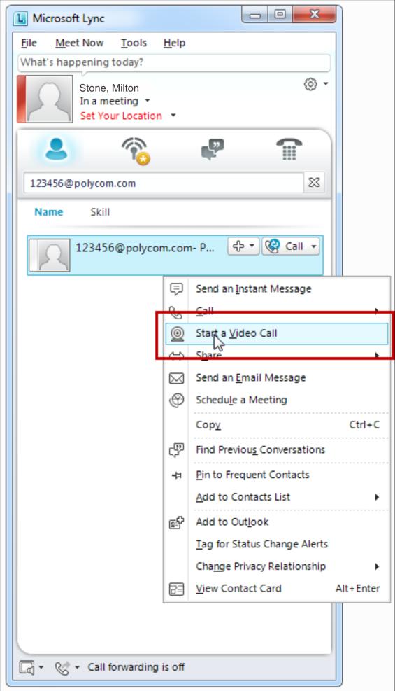 Polycom ContentConnect Quick User Guide 2 Right-click the number in the window, and select Start a Video Call (as shown next). Start a video call 3 The call connects.