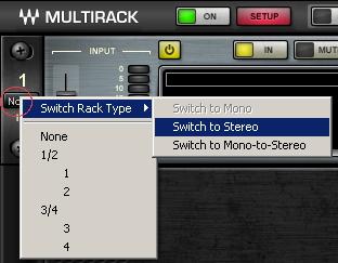 You may decide later to change a Rack s input from mono to stereo, or to mono-to-stereo. Use the Switch Rack Type pull-down to modify the input and/or output.