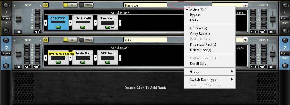 In/Out Mute Rack Name ( Kick One in this example) Group Name ( Drums in this example) Side chain (input) Side chain (monitor) Disables the Rack s plug-ins and passes the signal directly from Rack