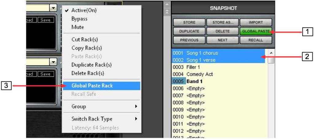 Global Paste enables you to copy a plug-in s or a Rack s parameters into one or more other Snapshots.