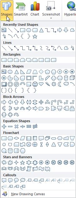 Click on the Insert Tab then Shapes The Shapes are organized in Groups. Select any one of the shapes.