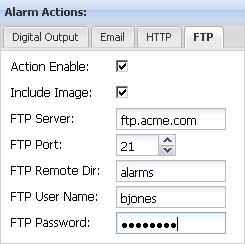 If you want the camera to upload a text file and image files to an FTP server when an alarm condition is declared, set the parameters on the FTP tab in the Alarm Actions section of the Alarm Handling