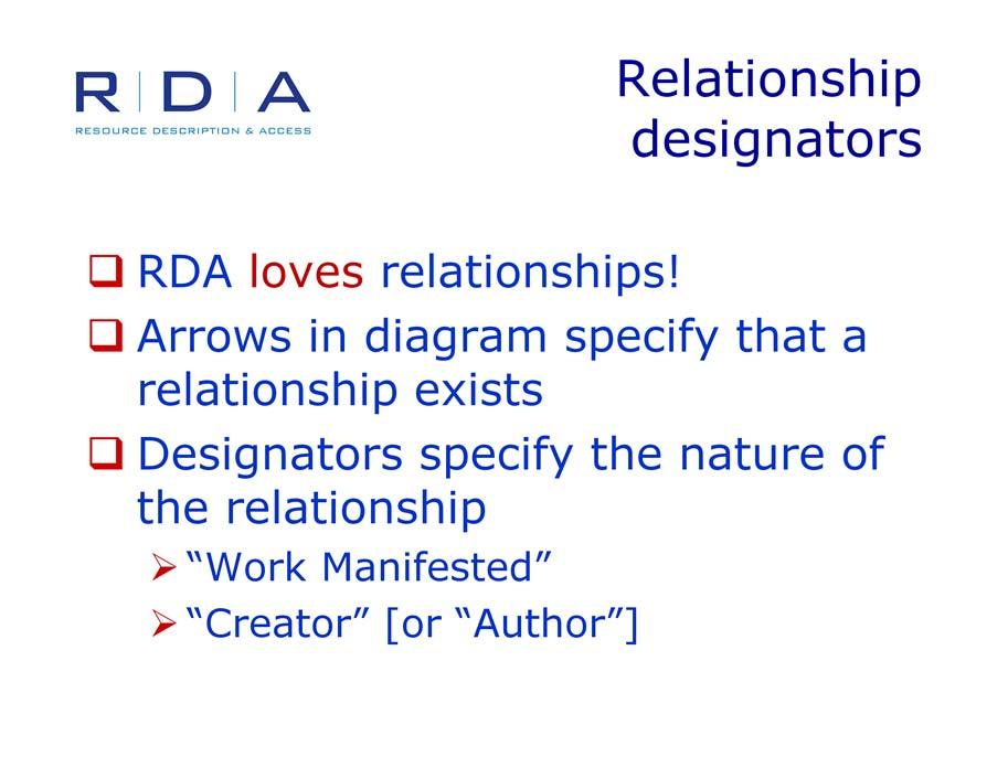 RDA loves relationships! Relationships are what gives structure to any collection of data elements.