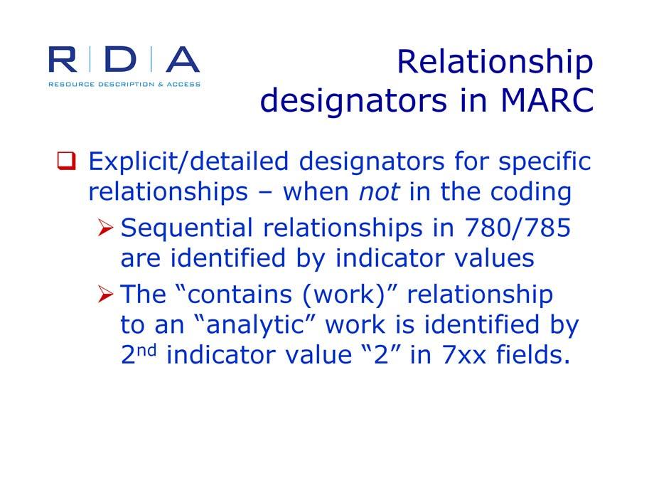 Relationship designators in MARC allow for explicit and detailed indication of specific relationships when they are not already indicated by the encoding.