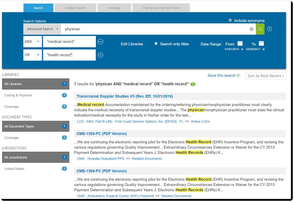 - Add an additional search term: Medical Record - Click the PLUS(+) and add OR: Health Record - On the Publication Date option, search between January 1, 2015 and today - Deselect some titles and