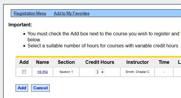 select the appropriate number of credit hours from the drop-down After