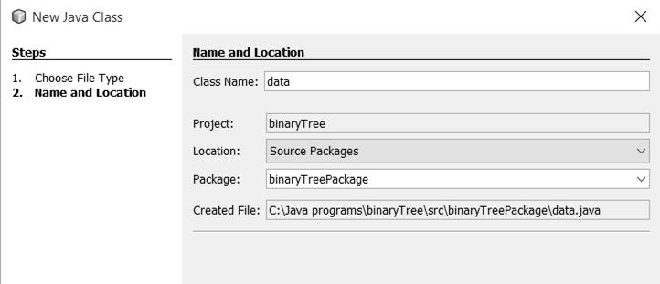 Go to the Projects window at the top left of the screen and locate the binarytreepackage folder. Right-click on binarytreepackage and select New / Java Class.