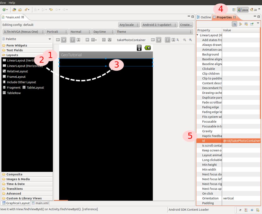 Add another LinearLayout 1. Click on the Layouts section of the Palette 2. Drag the LinearLayout (Vertical) 3.