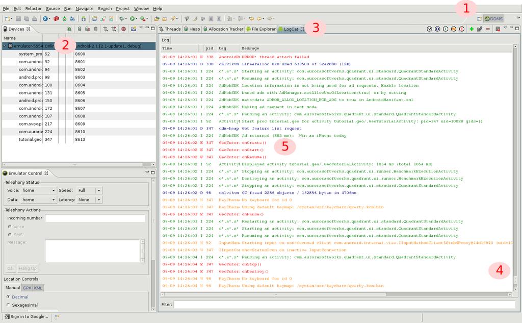 The debug log can be viewed in Eclipse 1. Open the DDMS perspective: try the 'Open Perspective' button 2.