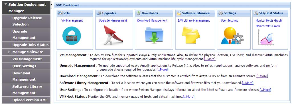 Avaya Aura overview Solution Deployment Manager capabilities With Solution Deployment Manager, you can perform deployment and upgrade-related tasks by using the following links: Upgrade Release