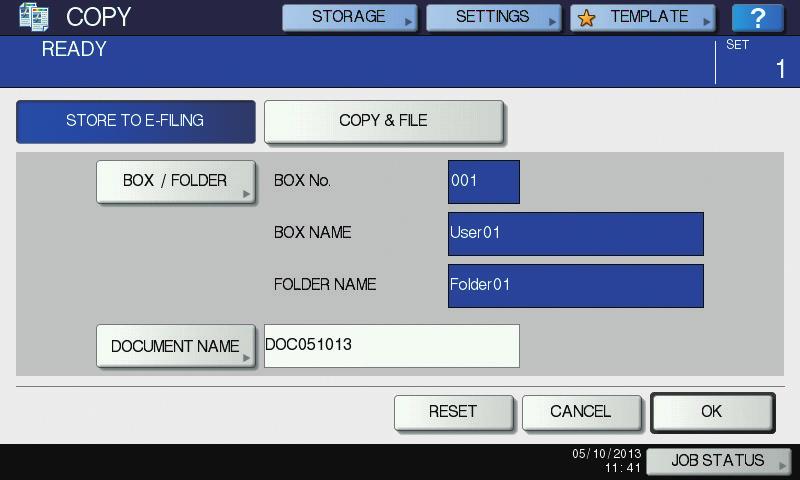 4 Specify the box to be stored and the document name, and then press [OK]. Place the original(s). & P.