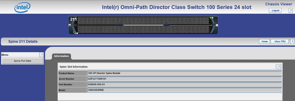 Getting Started Intel Omni-Path Fabric To display the spine details: 1. From the Intel Omni-Path Director Class Switch 100 Series Home Page, move your cursor over the spine module.