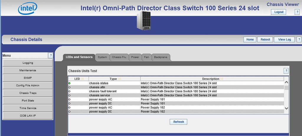 Intel Omni-Path Fabric Using Toolbar Commands 1. From the Chassis Viewer banner toolbar, click Chassis. The Chassis Details page is displayed. 4.