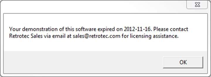 Obtain a license and instructions for activating the software with the license before your demo expires by contacting sales@retrotec.com.