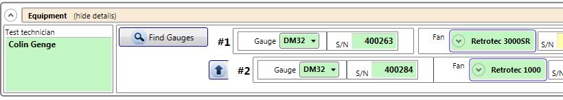 7.3 Find connected gauges to use for the test rev-2017-10-02 Look at your gauge(s) and check that the selected device matches the fan you are going to use for the test, and the correct range is